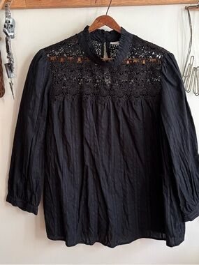 GAP Black Crochet Yoke Ruffle Neck Blouse